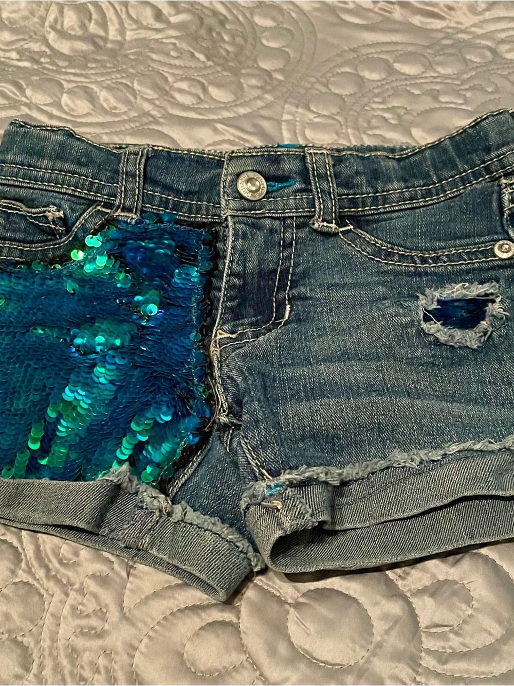 Jordache Girls Denim Shorts with Blue/Green Flip Sequins & Distressed Detailing